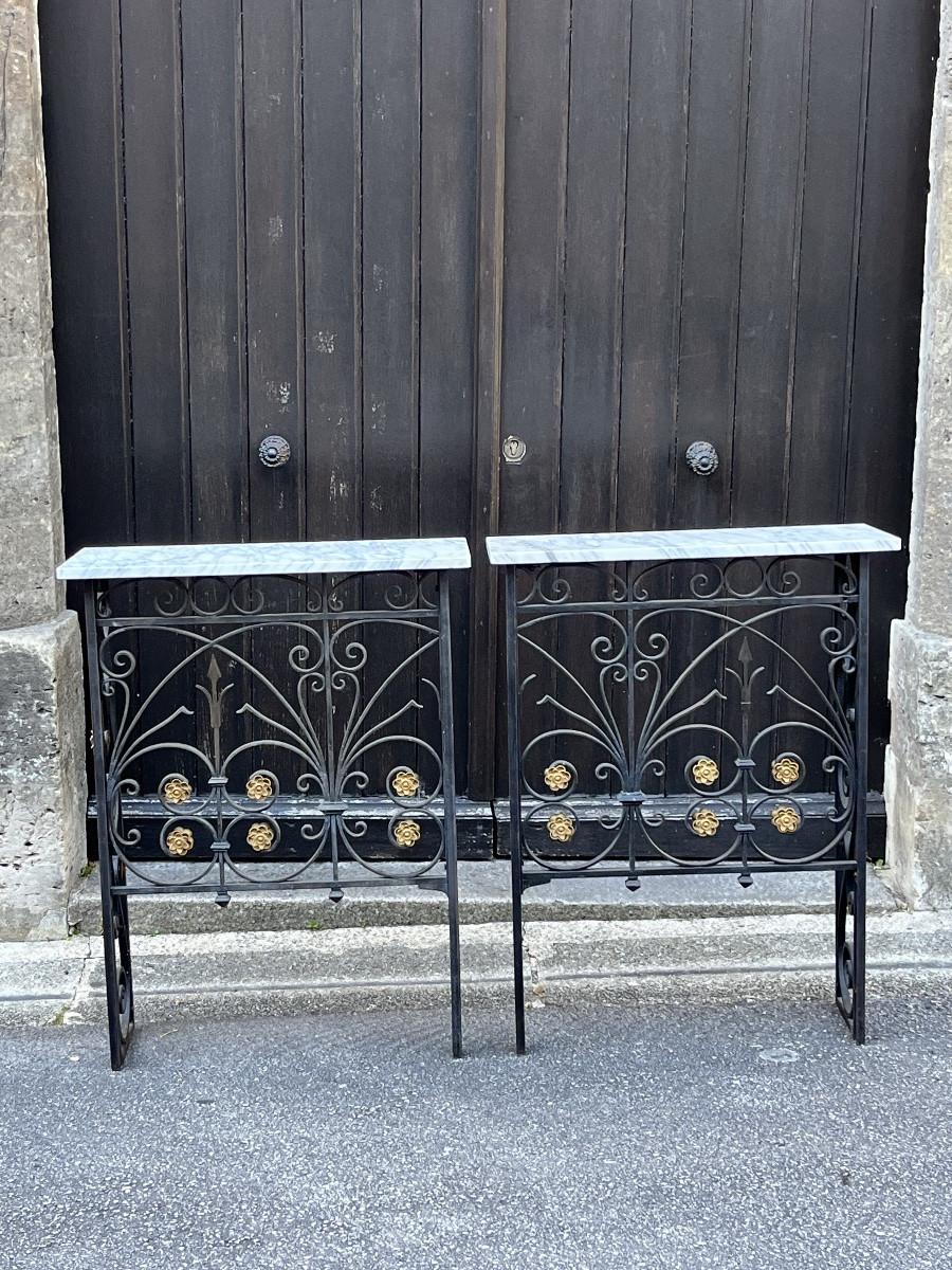 PAIRE DE CACHE RADIATEURS EN FER FORGE, DESSUS EN MARBRE BLANC-photo-3