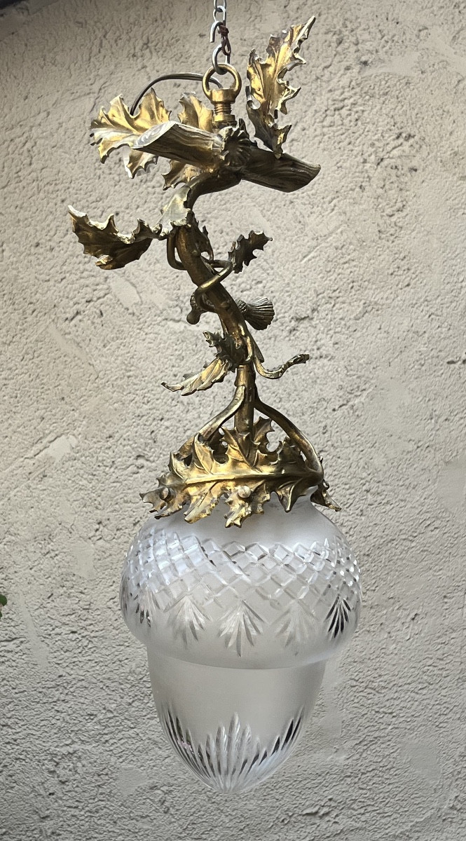 Art Nouveau Chandelier In Patinated Bronze In The Shape Of A Thistle And Cut Crystal Globe-photo-4