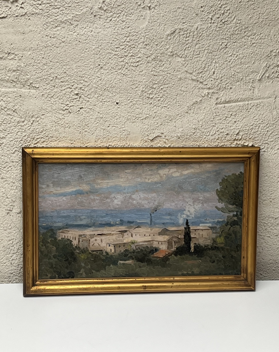 CASIMIR REYMOND, HUILE SUR BRISTOL, "PAYSAGE MÉDITERRANÉEN"