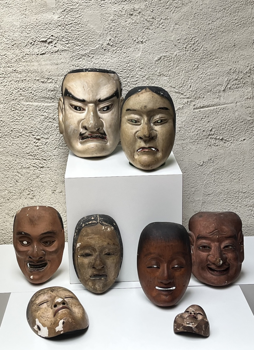 Set Of Carved And Painted Wooden Noh Theater Masks, Japan