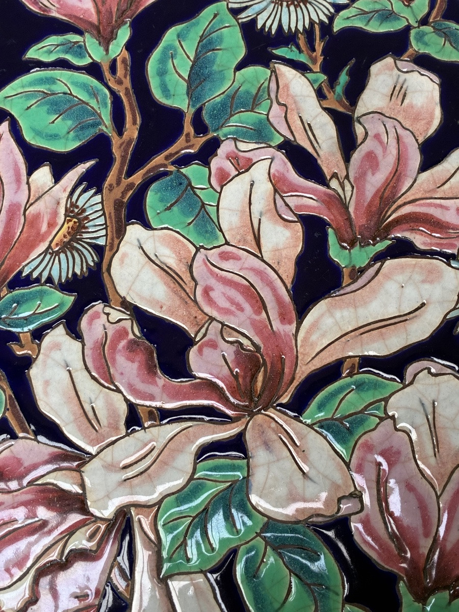 GRAND PLAT DECORATIF A DECOR F LORAL, FAIENCE DE LONGWY-photo-2