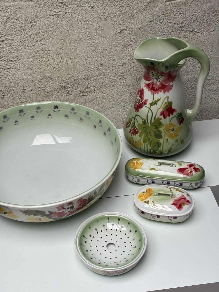 NÉCESSAIRE DE TOILETTE EN FAIENCE DE SARREGUEMINES, ART NOUVEAU -photo-3