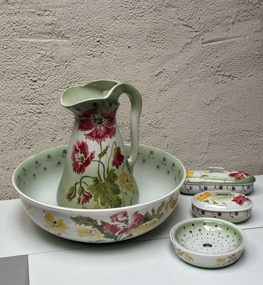 NÉCESSAIRE DE TOILETTE EN FAIENCE DE SARREGUEMINES, ART NOUVEAU -photo-6