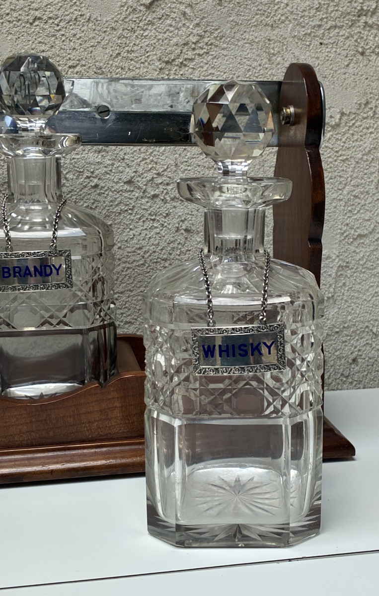 CAVE A WHISKY EN ACAJOU ET CRISTAL MOULÉ, ANGLETERRE, CIRCA 1930-photo-3