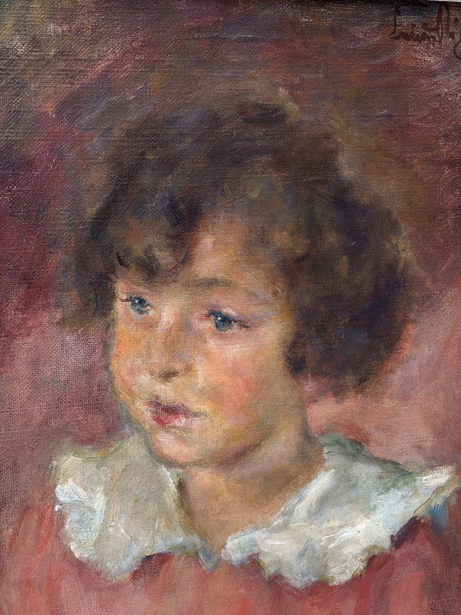 Oil On Canvas, Lucien Mignon, Portrait Of A Child-photo-1