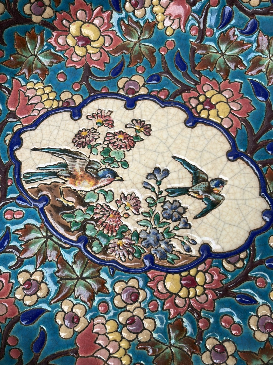 Longwy Enamel Bowl Decorated With Flowers And Birds-photo-4