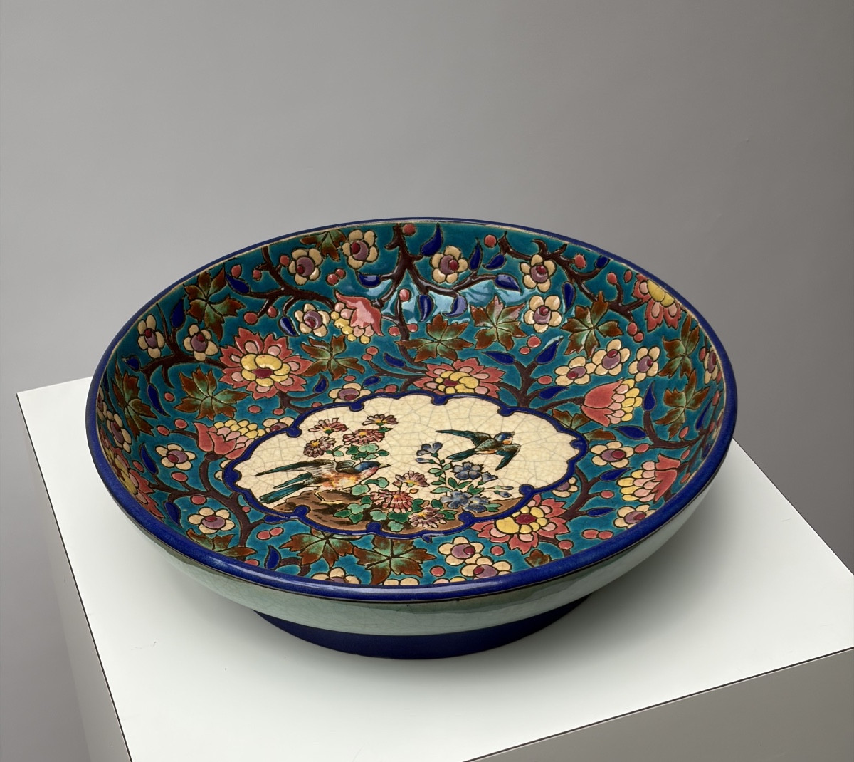Longwy Enamel Bowl Decorated With Flowers And Birds