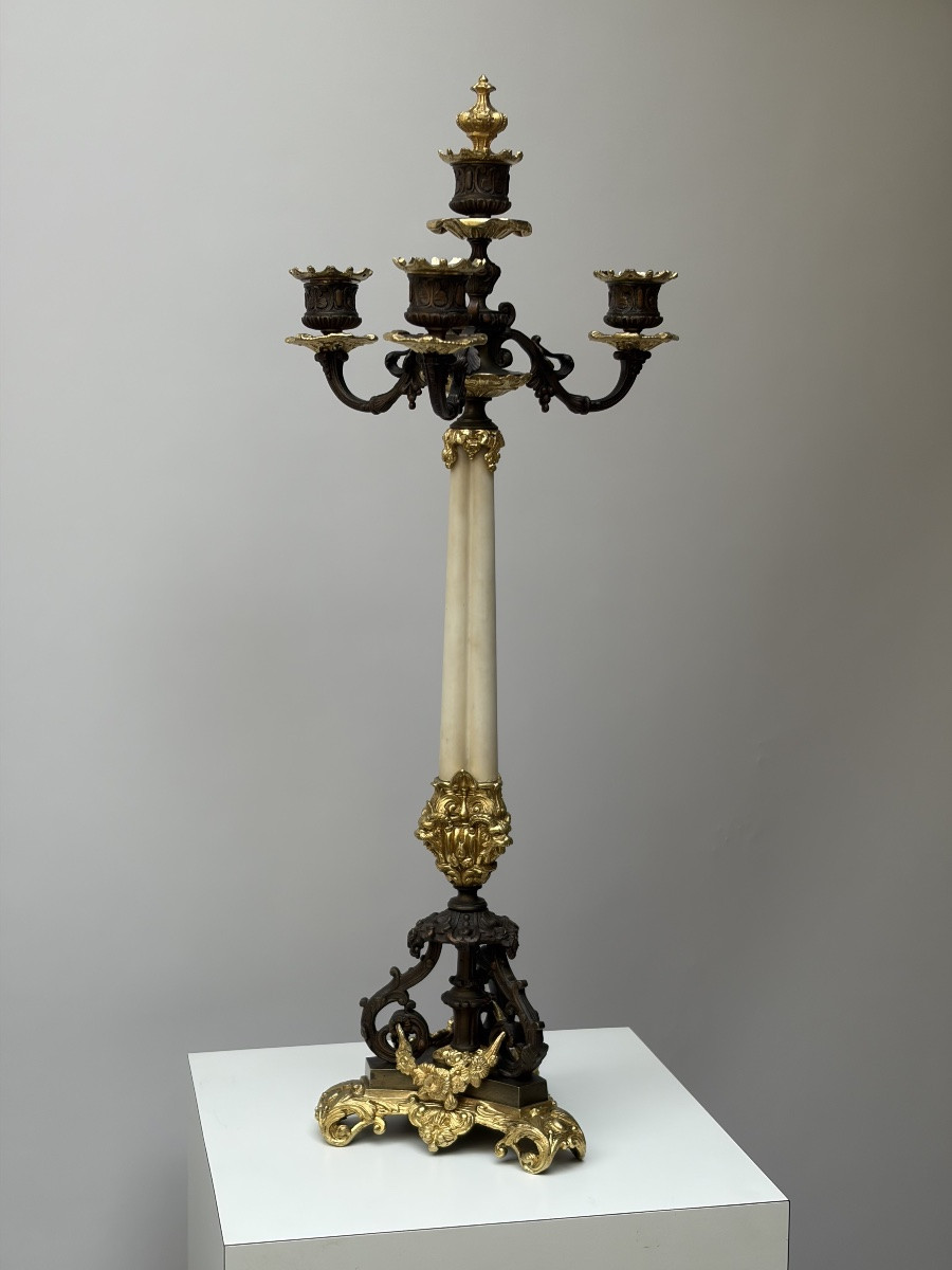 Pair Of Gilt And Patinated Bronze Candelabra, Restoration Period-photo-2