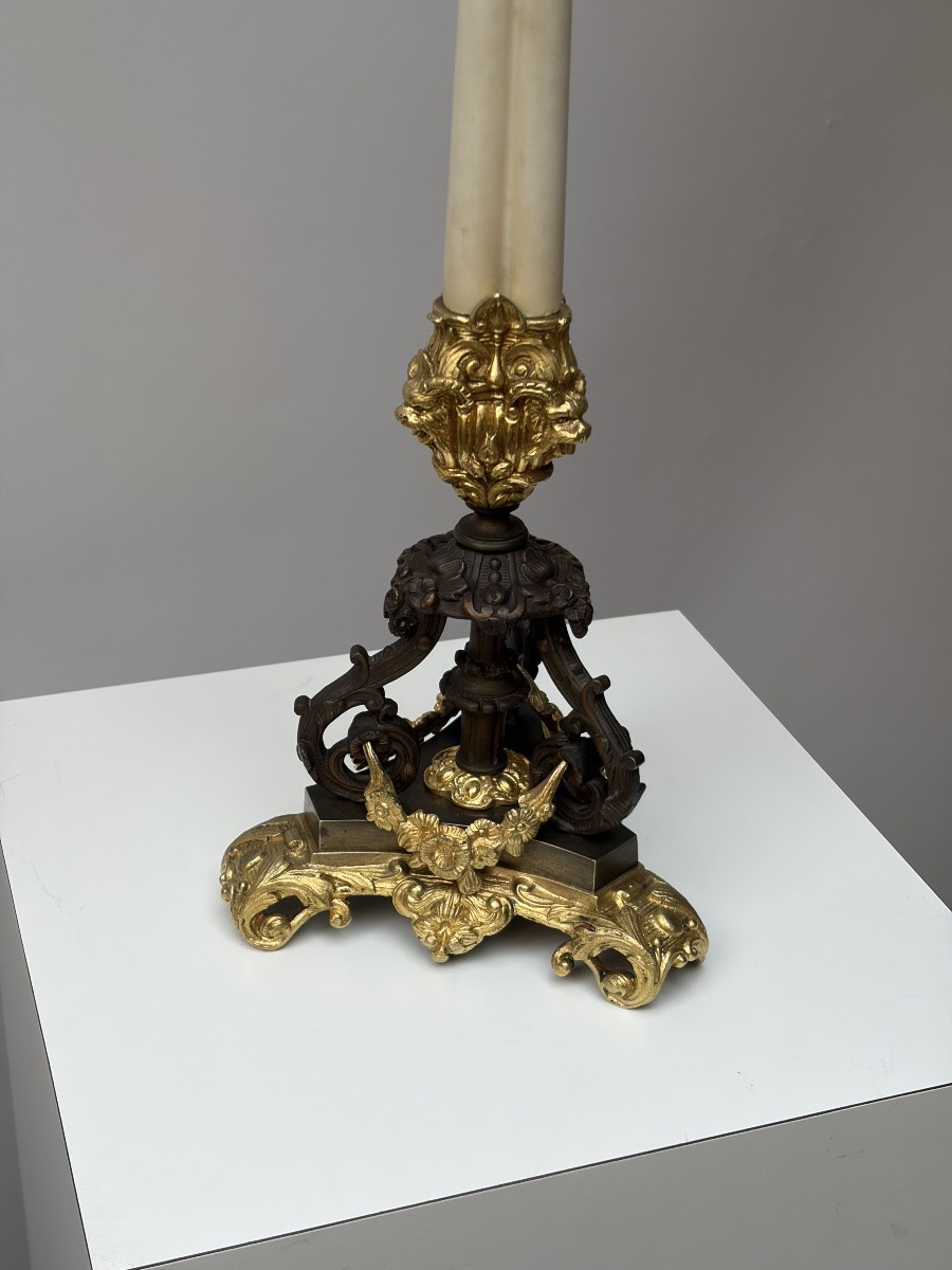 Pair Of Gilt And Patinated Bronze Candelabra, Restoration Period-photo-3