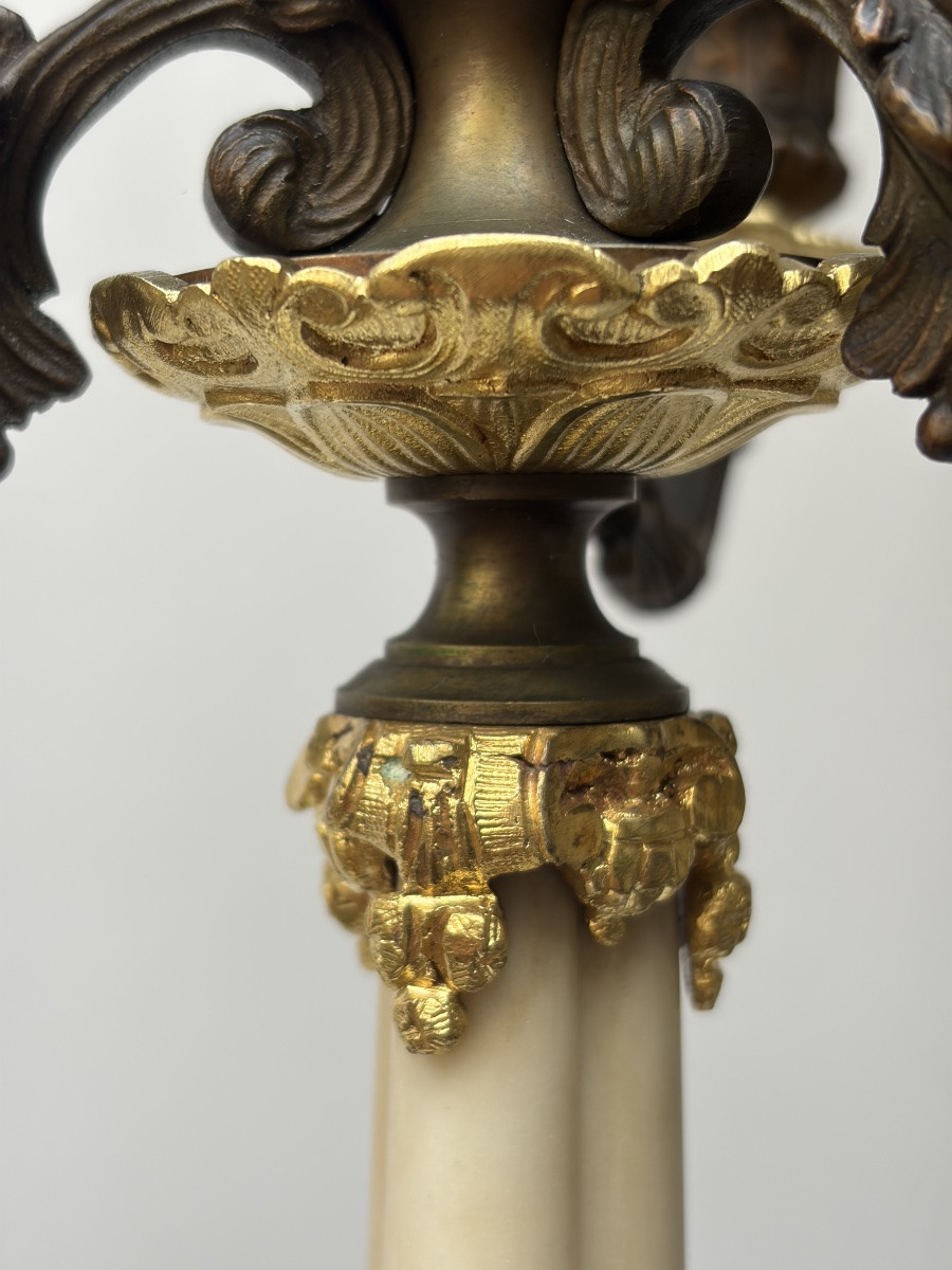 Pair Of Gilt And Patinated Bronze Candelabra, Restoration Period-photo-4