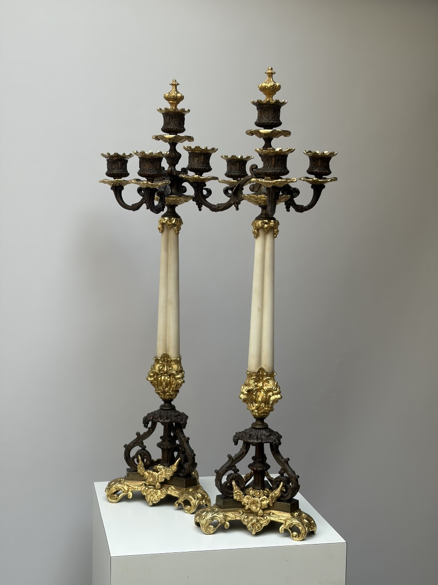 Pair Of Gilt And Patinated Bronze Candelabra, Restoration Period