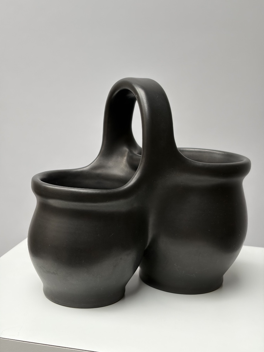 Double-compartment Vase In Black Glazed Ceramic, Pol Chambost-photo-3