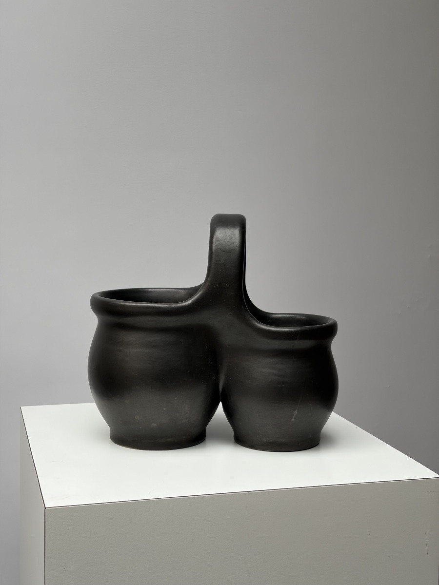 Double-compartment Vase In Black Glazed Ceramic, Pol Chambost