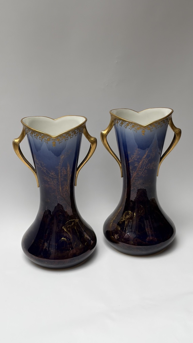 GRANDE PAIRE DE VASES ART NOUVEAU EN PROCELAINE DE LIMOGE PERIODE WILLIAM GUERIN-photo-2