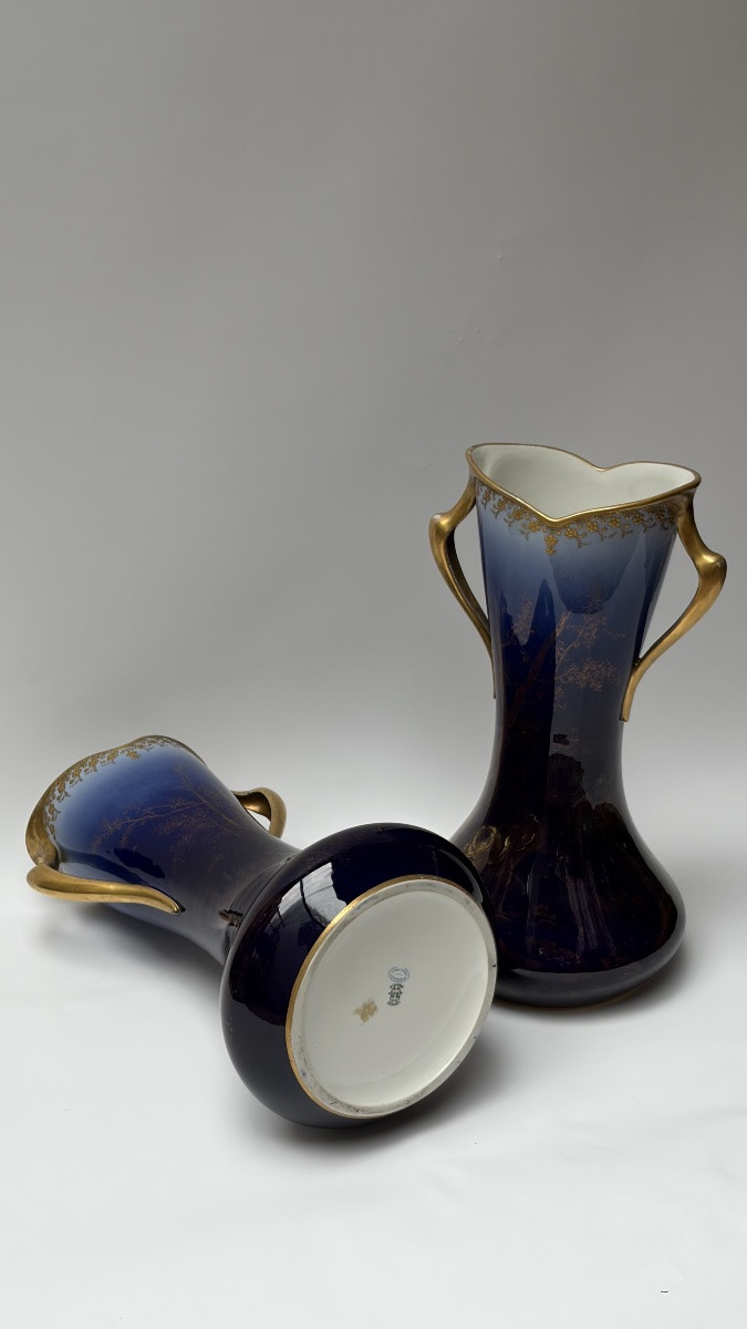 GRANDE PAIRE DE VASES ART NOUVEAU EN PROCELAINE DE LIMOGE PERIODE WILLIAM GUERIN-photo-1