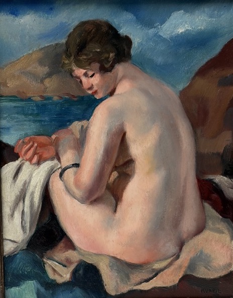 CHARLES KVAPIL, "FEMME AU BORD DE MER", HUILE SUR BOIS-photo-2