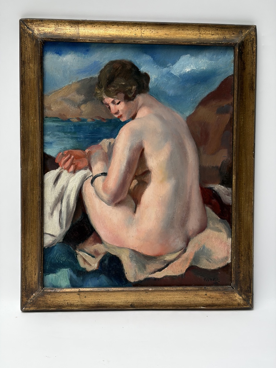 CHARLES KVAPIL, "FEMME AU BORD DE MER", HUILE SUR BOIS-photo-4