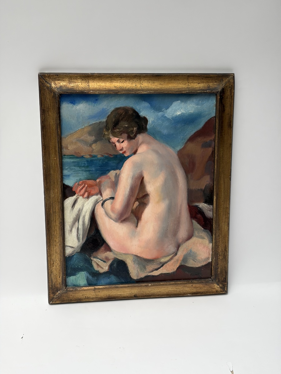 CHARLES KVAPIL, "FEMME AU BORD DE MER", HUILE SUR BOIS