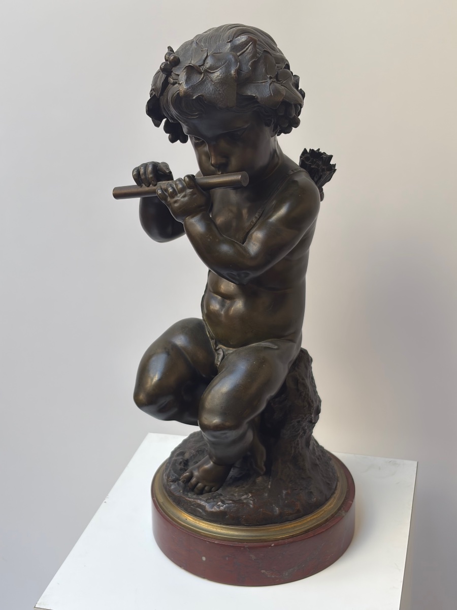 GRAND CHÉRUBIN MUSICIEN EN BRONZE PATINÉ, EPOQUE NAPOLEON III-photo-3