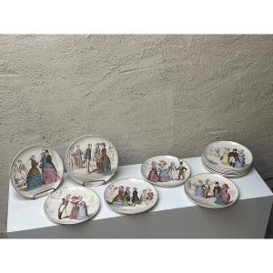 Series Of 12 Earthenware Plates "fashion For A Hundred Years", Creil And Montereau