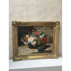 Eugene Henri Cauchois, Oil On Canvas "still Life With Flowers"