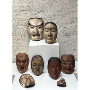 Set Of Carved And Painted Wooden Noh Theater Masks, Japan