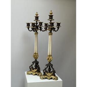 Pair Of Gilt And Patinated Bronze Candelabra, Restoration Period