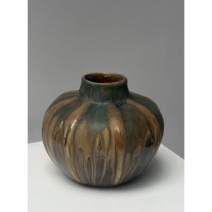 Gilbert Méténier, Glassed Stoneware Vase With Ribbed Finish