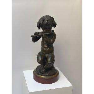 Large Cherub Musician In Patined Bronze, Napoleon III Period