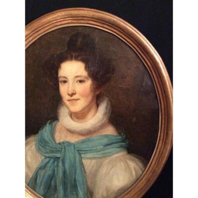 Portrait de femme  au foulard bleu XIXème Siècle.