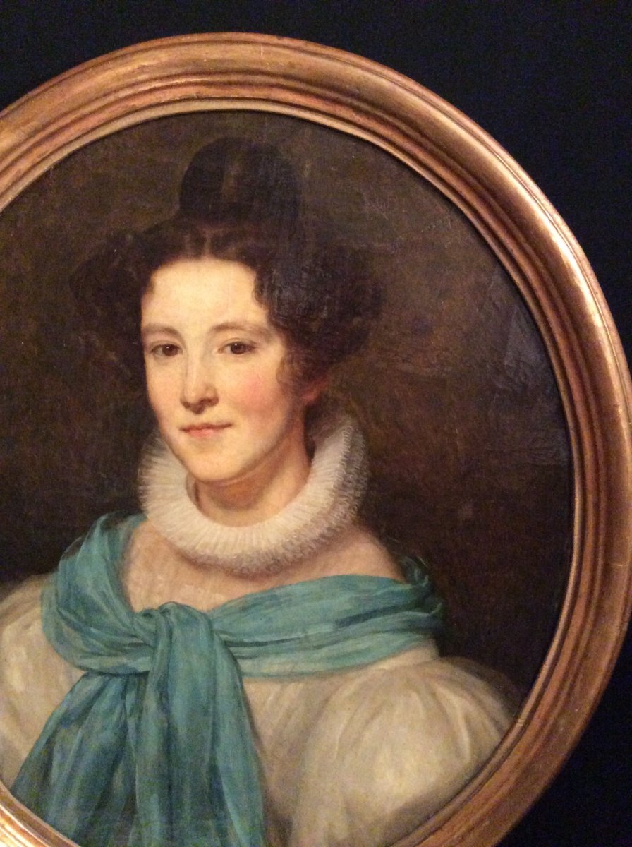 Portrait de femme  au foulard bleu XIXème Siècle.-photo-2