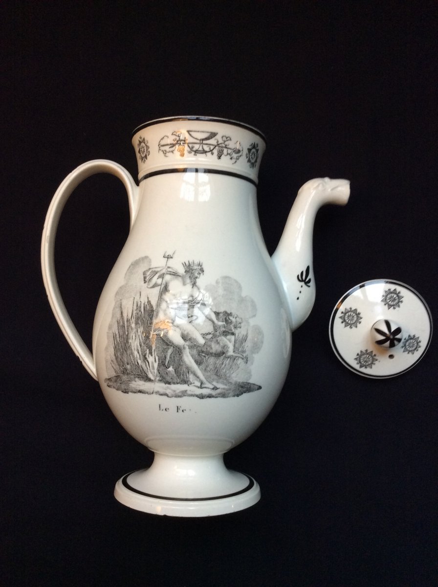 Coffeemaker With "fire And Water" Motives. Creil & Montereau. Fine Earthenware Printed XIXth.-photo-4