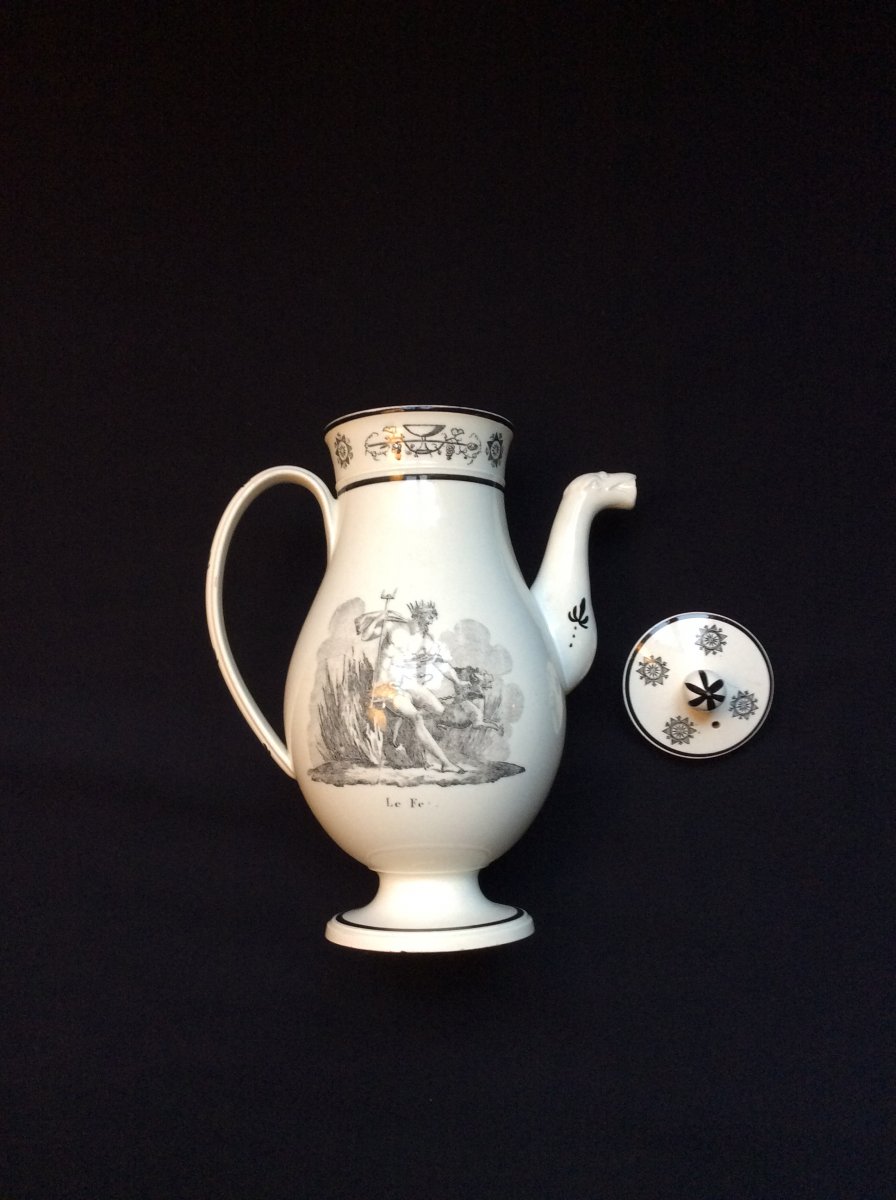 Coffeemaker With "fire And Water" Motives. Creil & Montereau. Fine Earthenware Printed XIXth.-photo-3