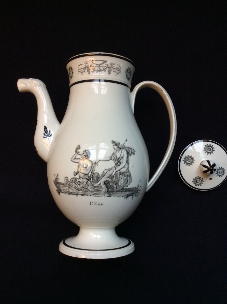 Coffeemaker With "fire And Water" Motives. Creil & Montereau. Fine Earthenware Printed XIXth.-photo-4