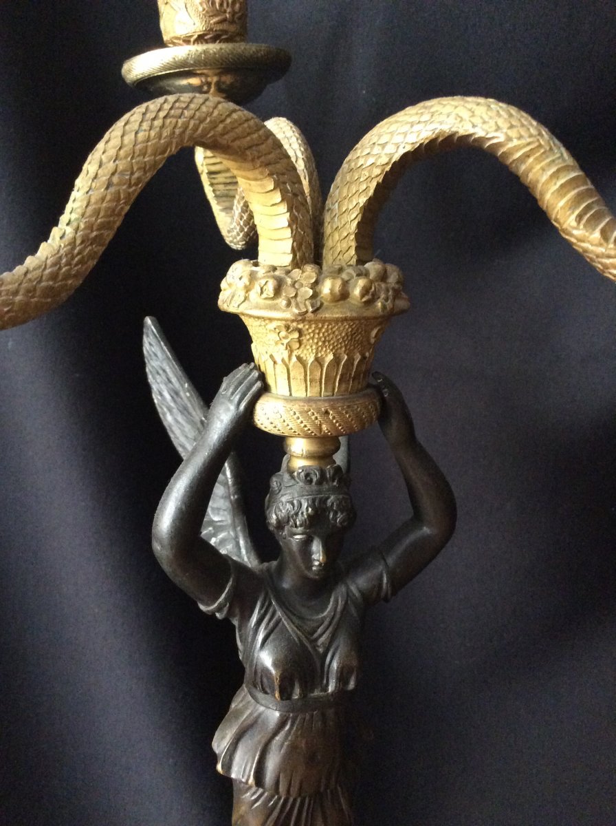 Pair Of Candelabras: Winged Women. Restoration Period, Around 1840-photo-2