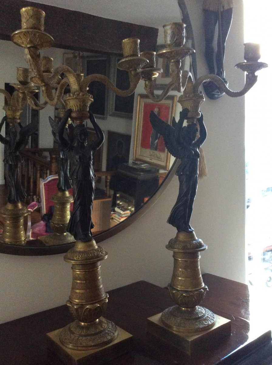 Pair Of Candelabras: Winged Women. Restoration Period, Around 1840-photo-5
