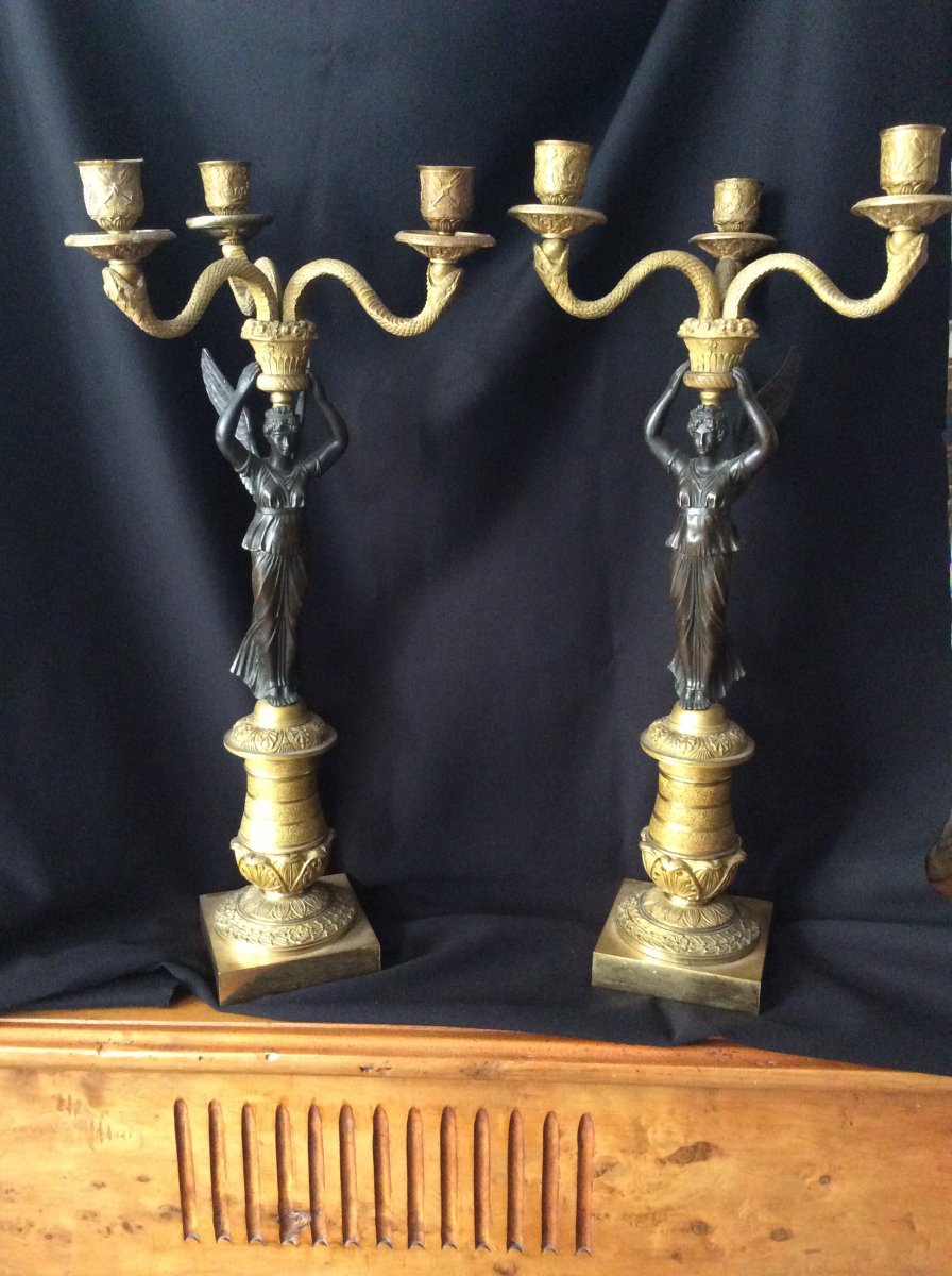 Pair Of Candelabras: Winged Women. Restoration Period, Around 1840-photo-8