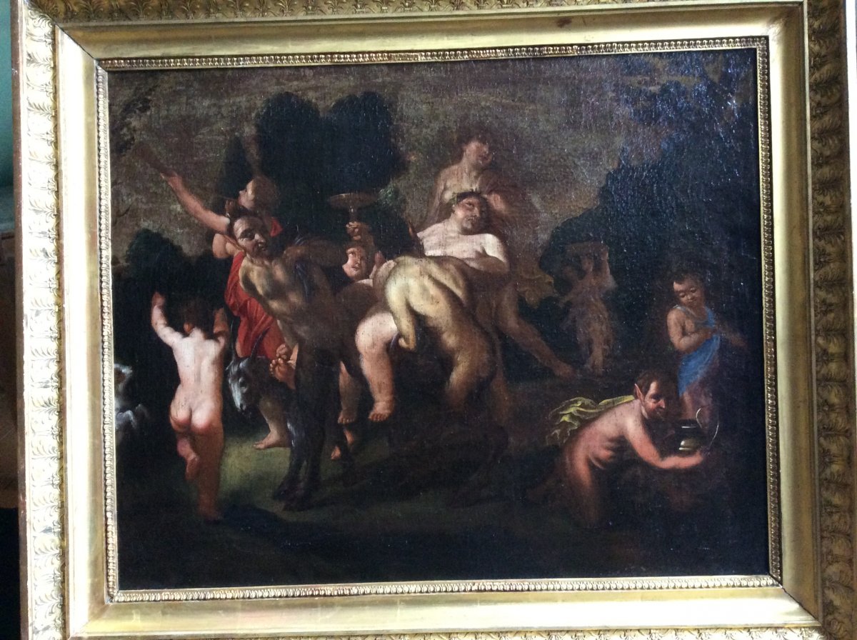 Bacchanale , peinture baroque , école française (XVII-XVIIIème s.).-photo-3