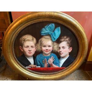 Three Children In A Theater Box, Realistic Portrait Dates From 1923