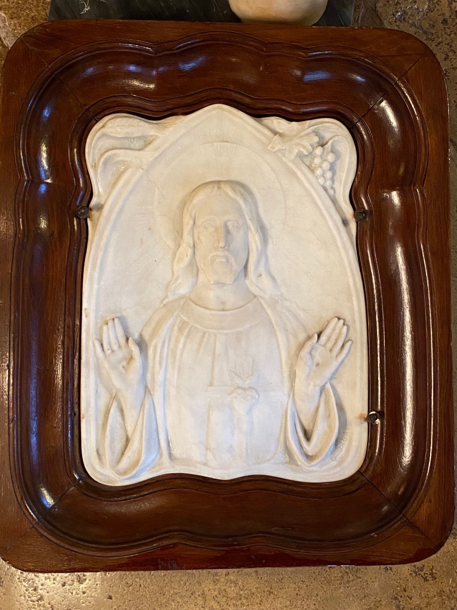 1900, Sacred Heart Of Jesus, Bas Relief In White Carrara Marble Signed-photo-2