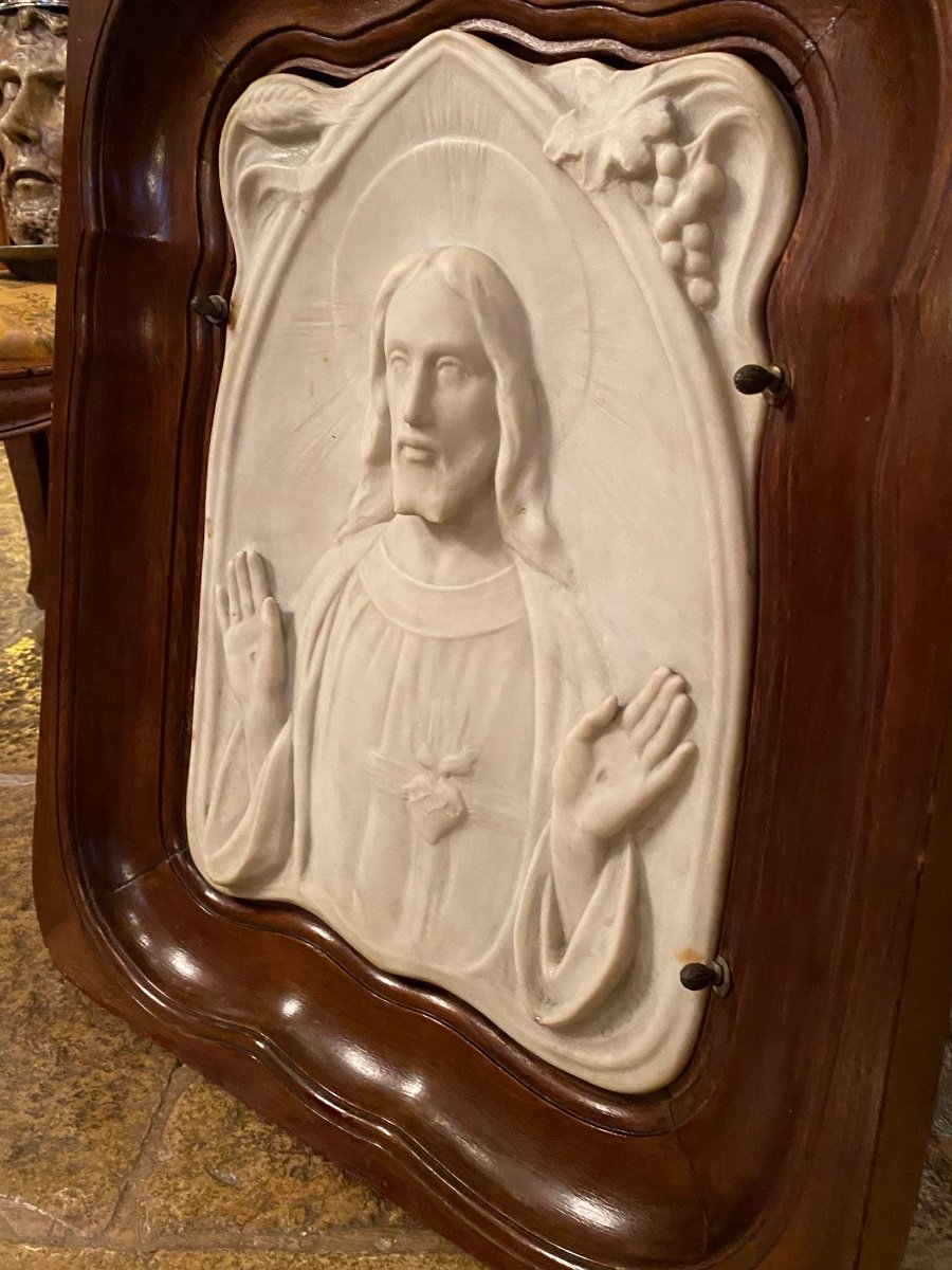 1900, Sacred Heart Of Jesus, Bas Relief In White Carrara Marble Signed-photo-3