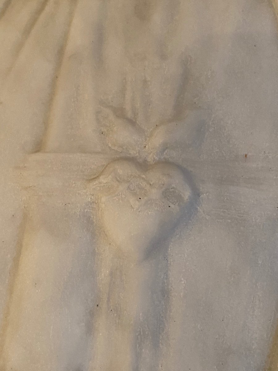 1900, Sacred Heart Of Jesus, Bas Relief In White Carrara Marble Signed-photo-5