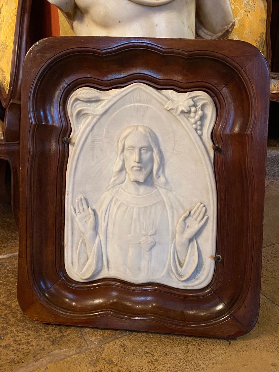 1900, Sacred Heart Of Jesus, Bas Relief In White Carrara Marble Signed-photo-8