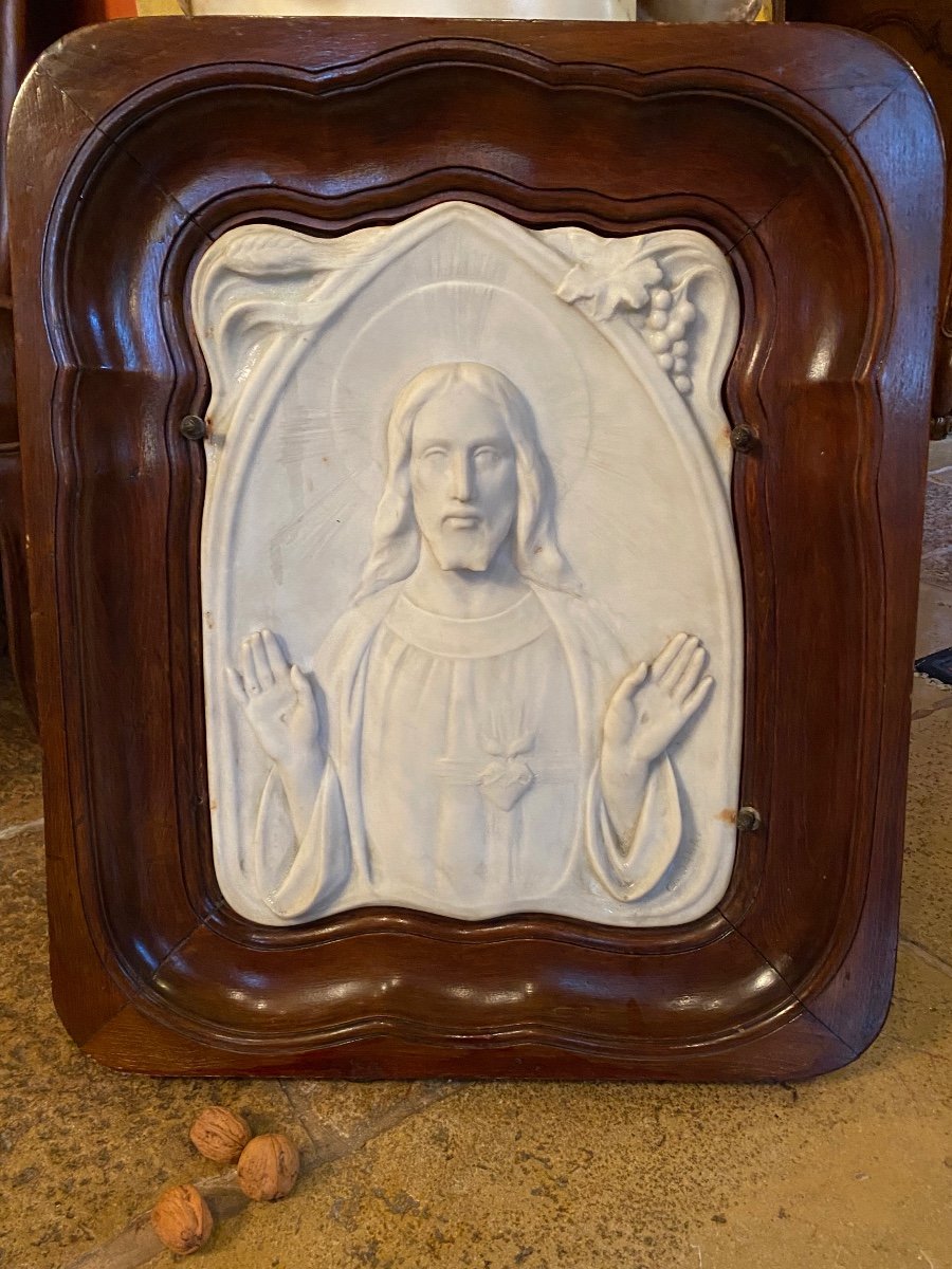 1900, Sacred Heart Of Jesus, Bas Relief In White Carrara Marble Signed