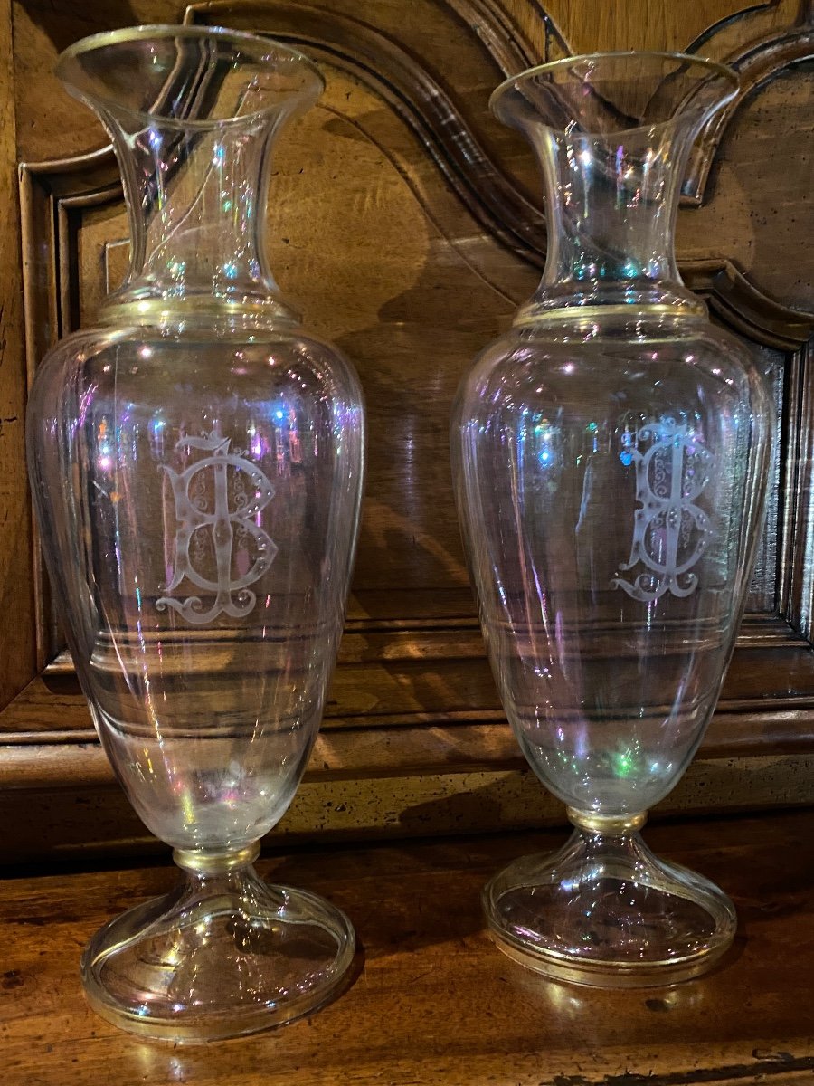 Grande Paire De Vases En Verre Irisé Façon Bulle De Savon, Milieu Du XIX Eme Siècle -photo-3