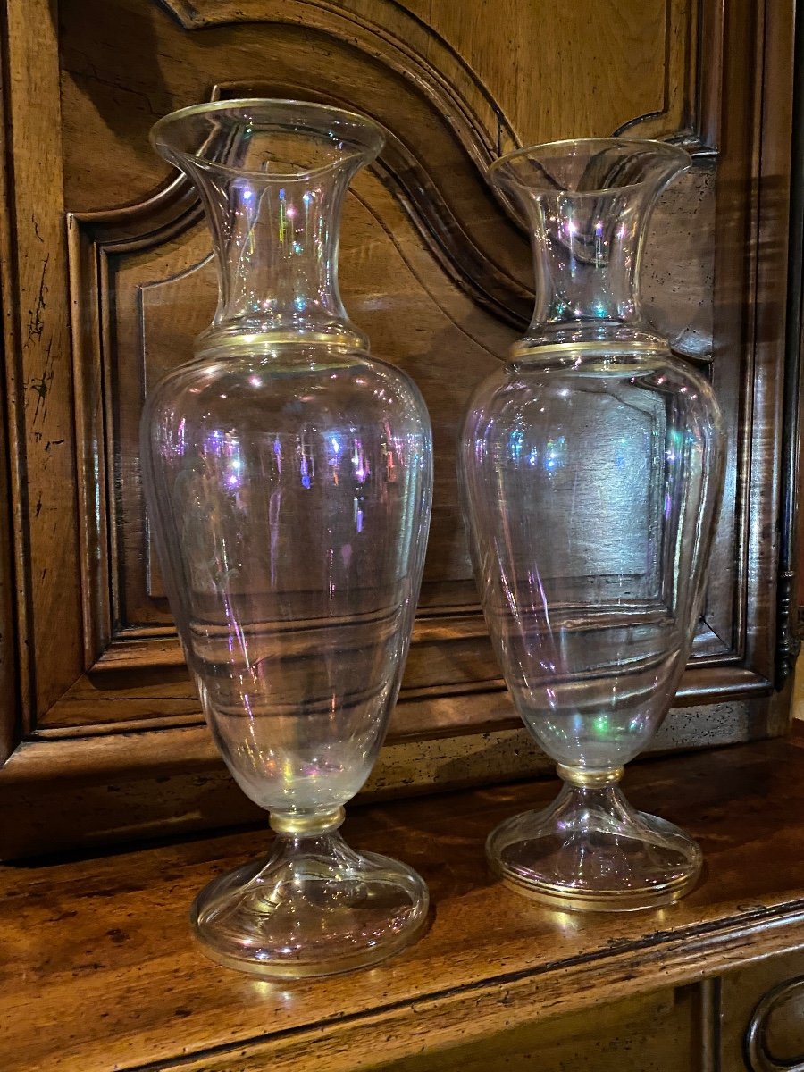 Grande Paire De Vases En Verre Irisé Façon Bulle De Savon, Milieu Du XIX Eme Siècle -photo-5