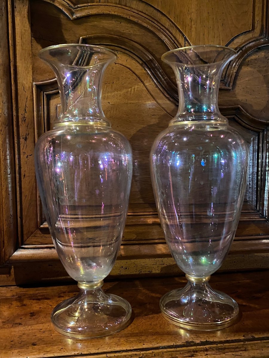 Grande Paire De Vases En Verre Irisé Façon Bulle De Savon, Milieu Du XIX Eme Siècle -photo-6