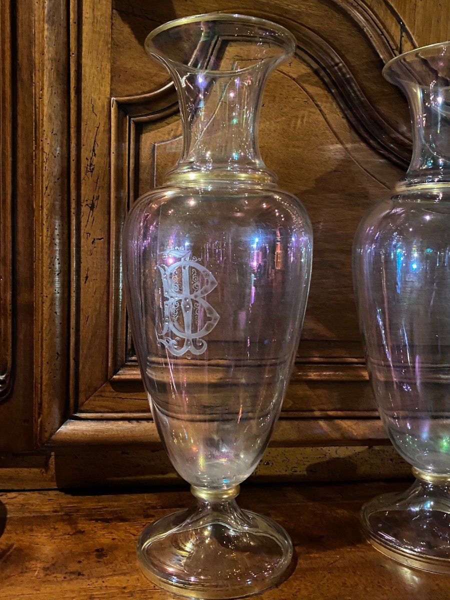 Grande Paire De Vases En Verre Irisé Façon Bulle De Savon, Milieu Du XIX Eme Siècle -photo-8