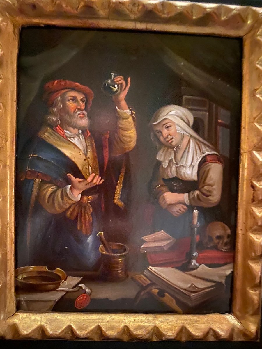 The Visit To The Alchimist, Oil On Copper  From The XIX Th Century -photo-3