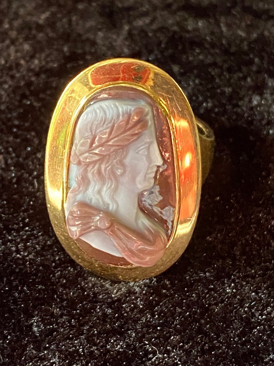 Bague Au Camée En Agate : Empereur à La Couronne De Laurier XIX Eme Siècle -photo-1